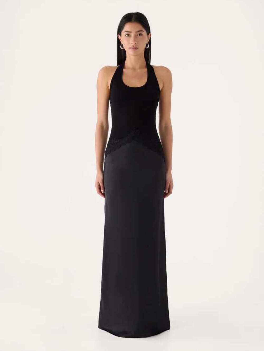 Peppermayo Emika Halter Maxi Dress Black Lace Satin Open Back Size 4 NWT